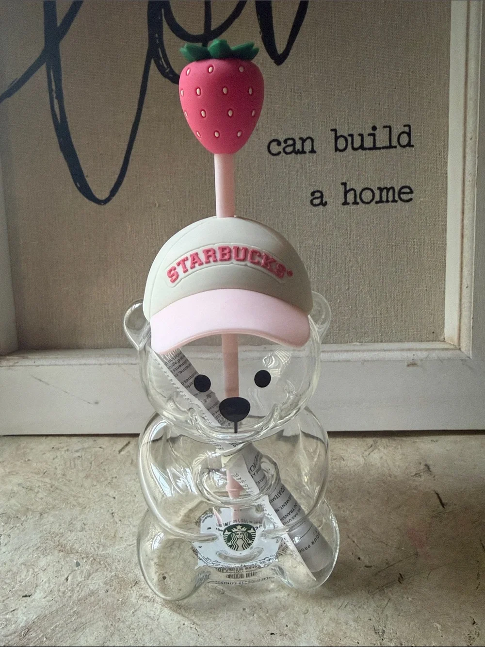 Starbucks Clear Bear Cup with Pink Hat and Pink Strawberry Top